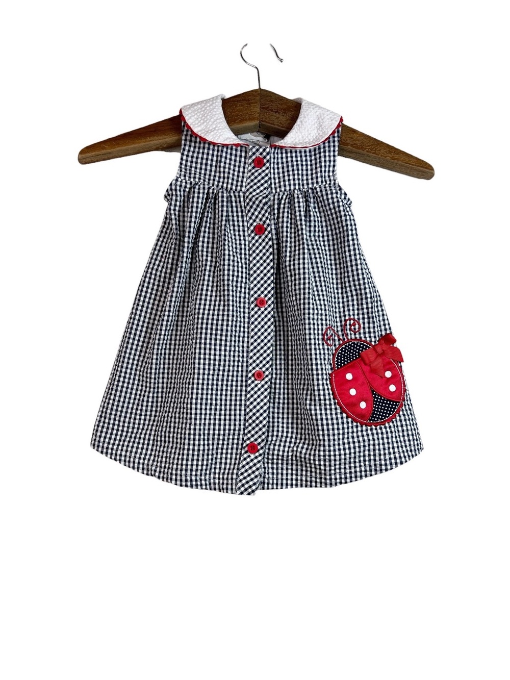 Vintage Rare Editions Black White Gingham Lady Bug Girls Dress Size 24M